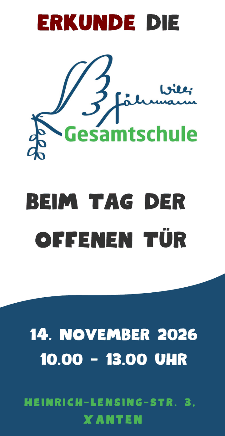 Tag der offenen Tür an der Willi-Fährmann-Gesamtschule am 14. November 2026 von 10 bis 13 Uhr, Heinrich-Lensing-Str. 3 in Xanten